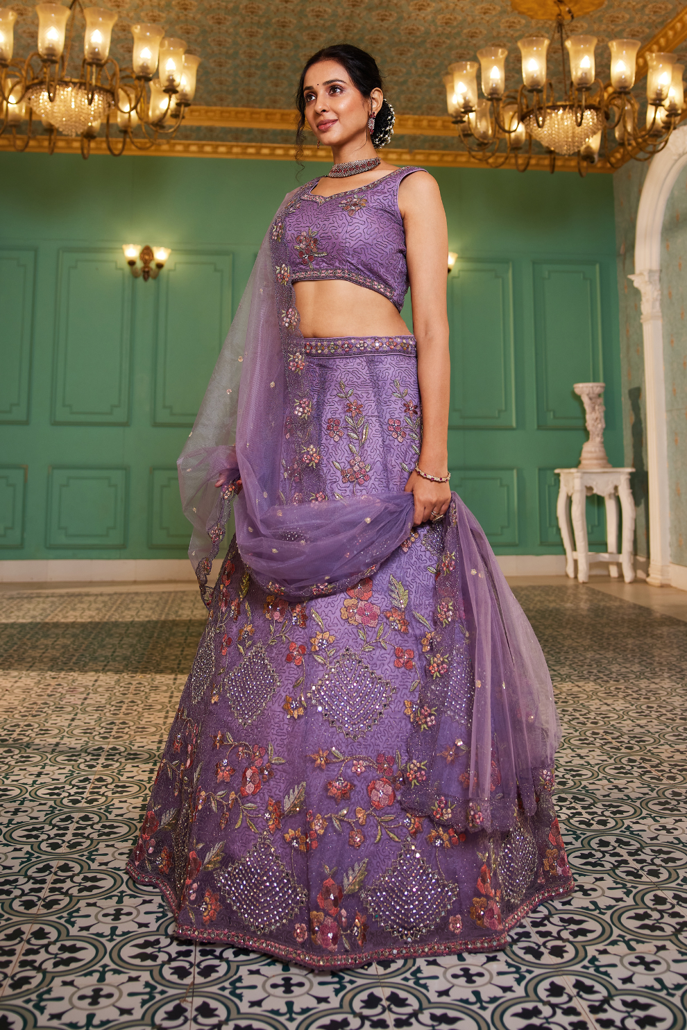 Designer Net Lehenga Choli & Dupatta with Handcrafted Coding
