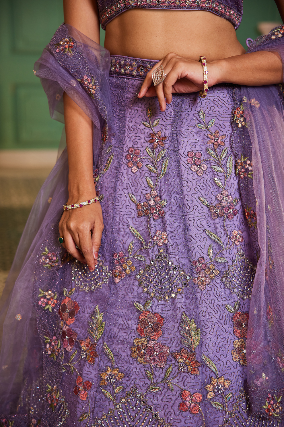 Designer Net Lehenga Choli & Dupatta with Handcrafted Coding