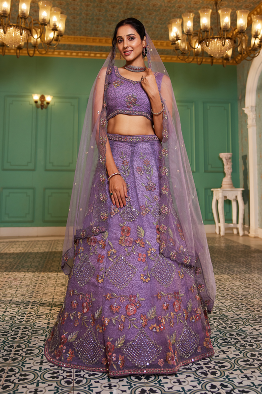 Designer Net Lehenga Choli & Dupatta with Handcrafted Coding