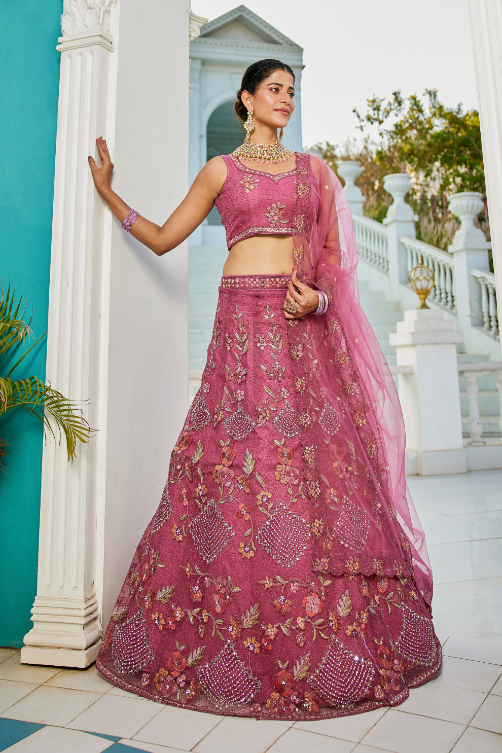 Designer Net Lehenga Choli & Dupatta with Handcrafted Coding