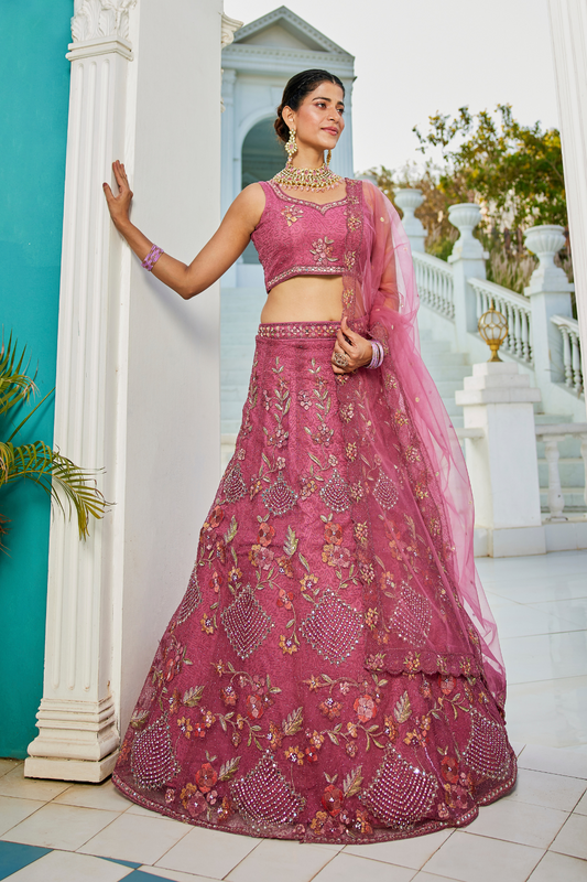 Designer Net Lehenga Choli & Dupatta with Handcrafted Coding