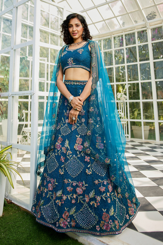 Designer Net Lehenga Choli & Dupatta with Handcrafted Coding