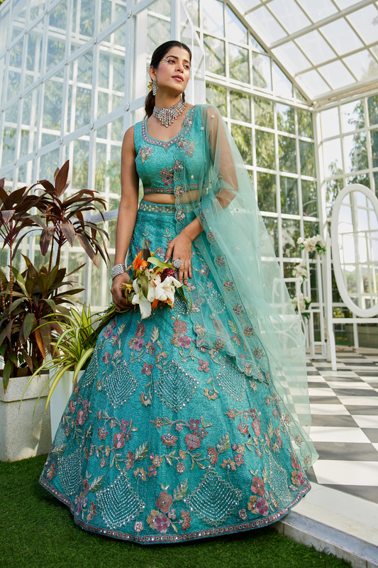 Designer Net Lehenga Choli & Dupatta with Handcrafted Coding