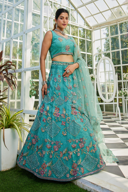 Designer Net Lehenga Choli & Dupatta with Handcrafted Coding