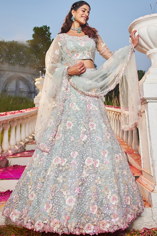 Designer Net Lehenga Choli with Intricate Sequins and Zarkan Work