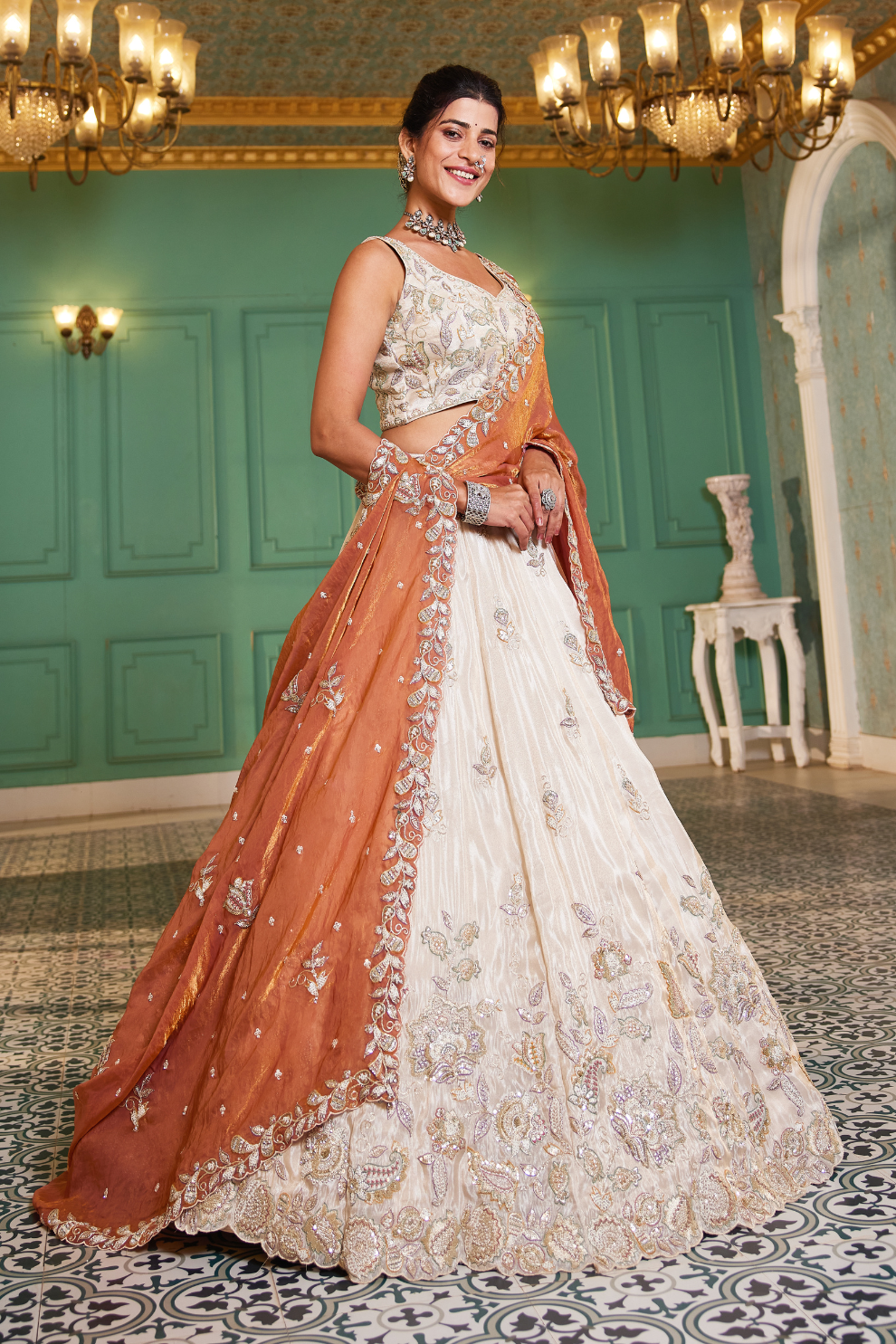 Elegant Tissue Lehenga Choli with Sequins and Thread Embroidery and Matching Dupatta