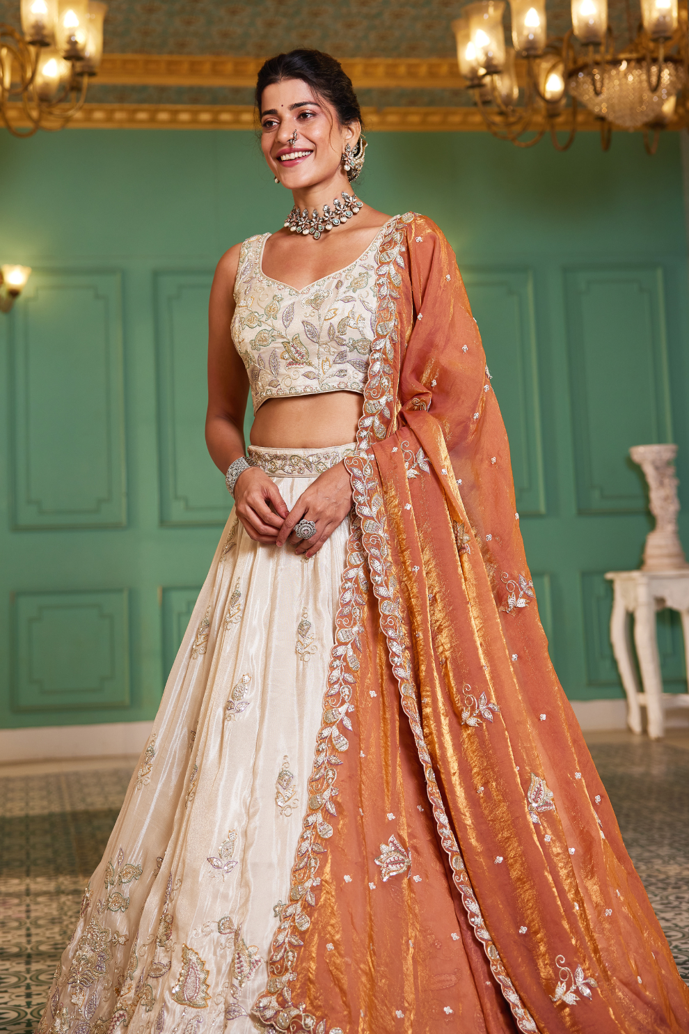 Elegant Tissue Lehenga Choli with Sequins and Thread Embroidery and Matching Dupatta