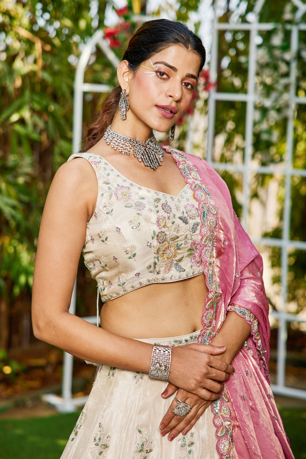 Tissue Semi-Stitched Lehenga Choli with Sequins and Thread Embroidery with Dupatta