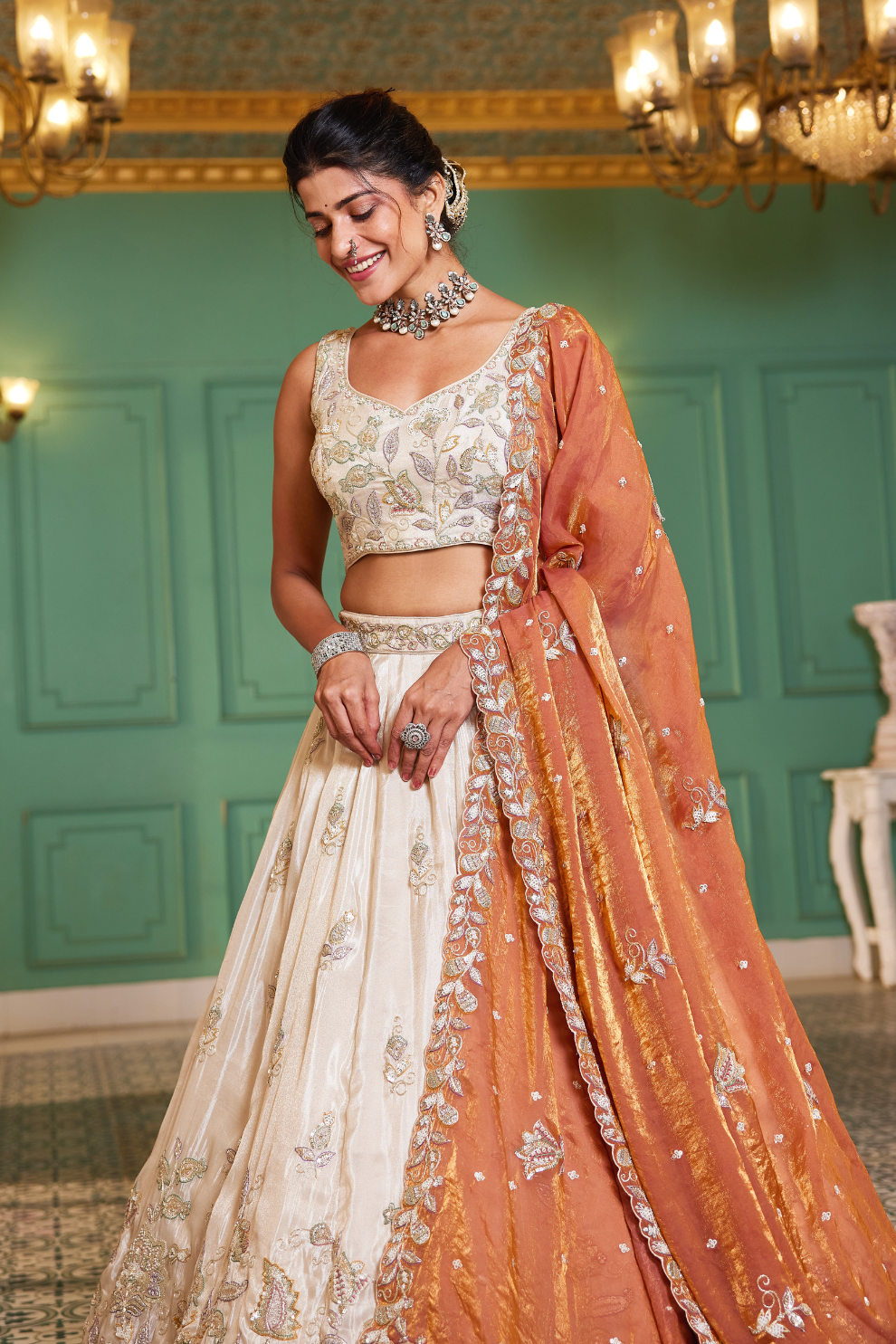 Elegant Tissue Lehenga Choli with Sequins and Thread Embroidery and Matching Dupatta