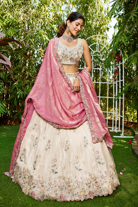 Tissue Semi-Stitched Lehenga Choli with Sequins and Thread Embroidery with Dupatta