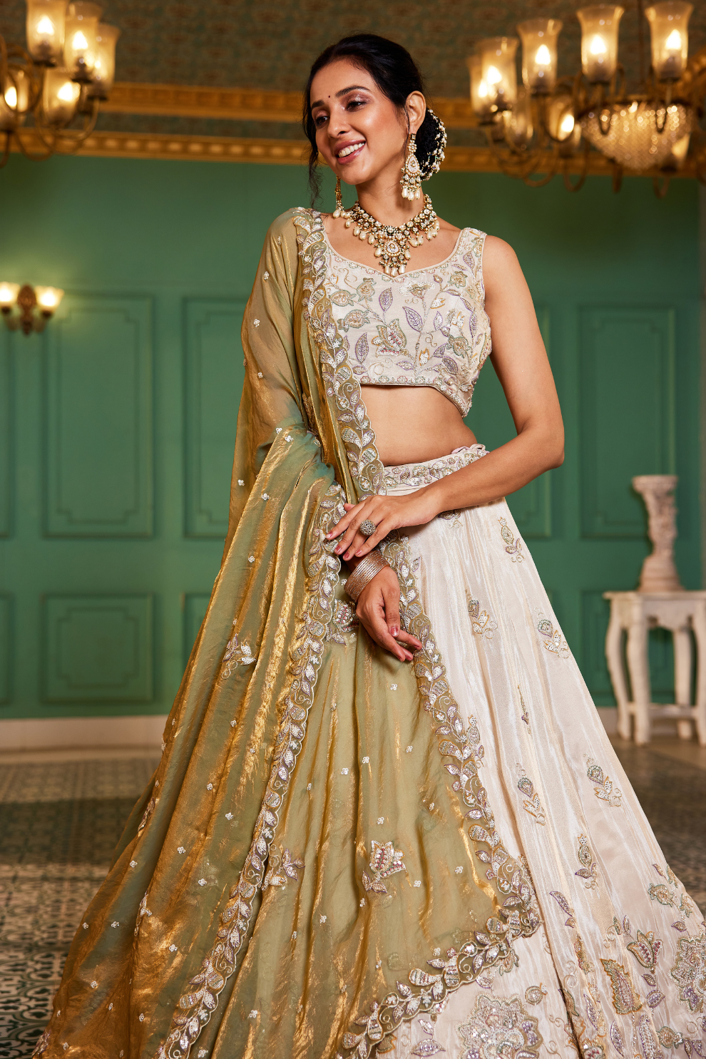 Elegant Tissue Lehenga Choli with Sequins and Thread Embroidery and Matching Dupatta