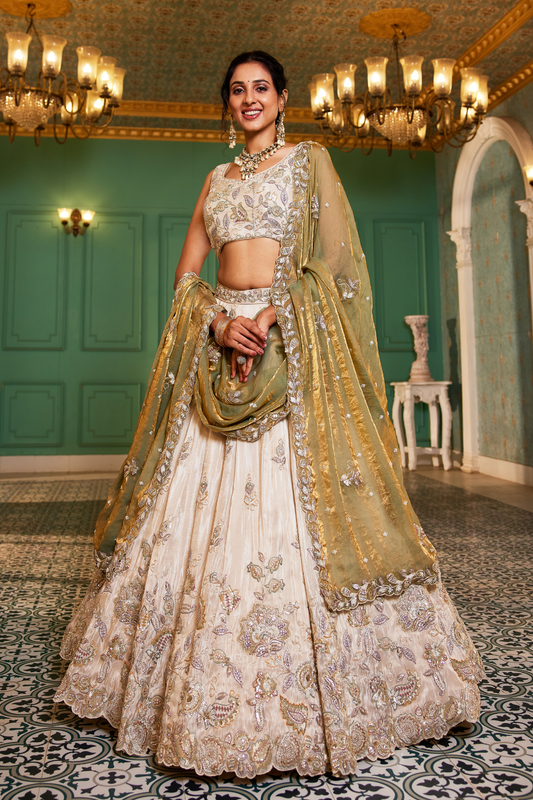 Elegant Tissue Lehenga Choli with Sequins and Thread Embroidery and Matching Dupatta
