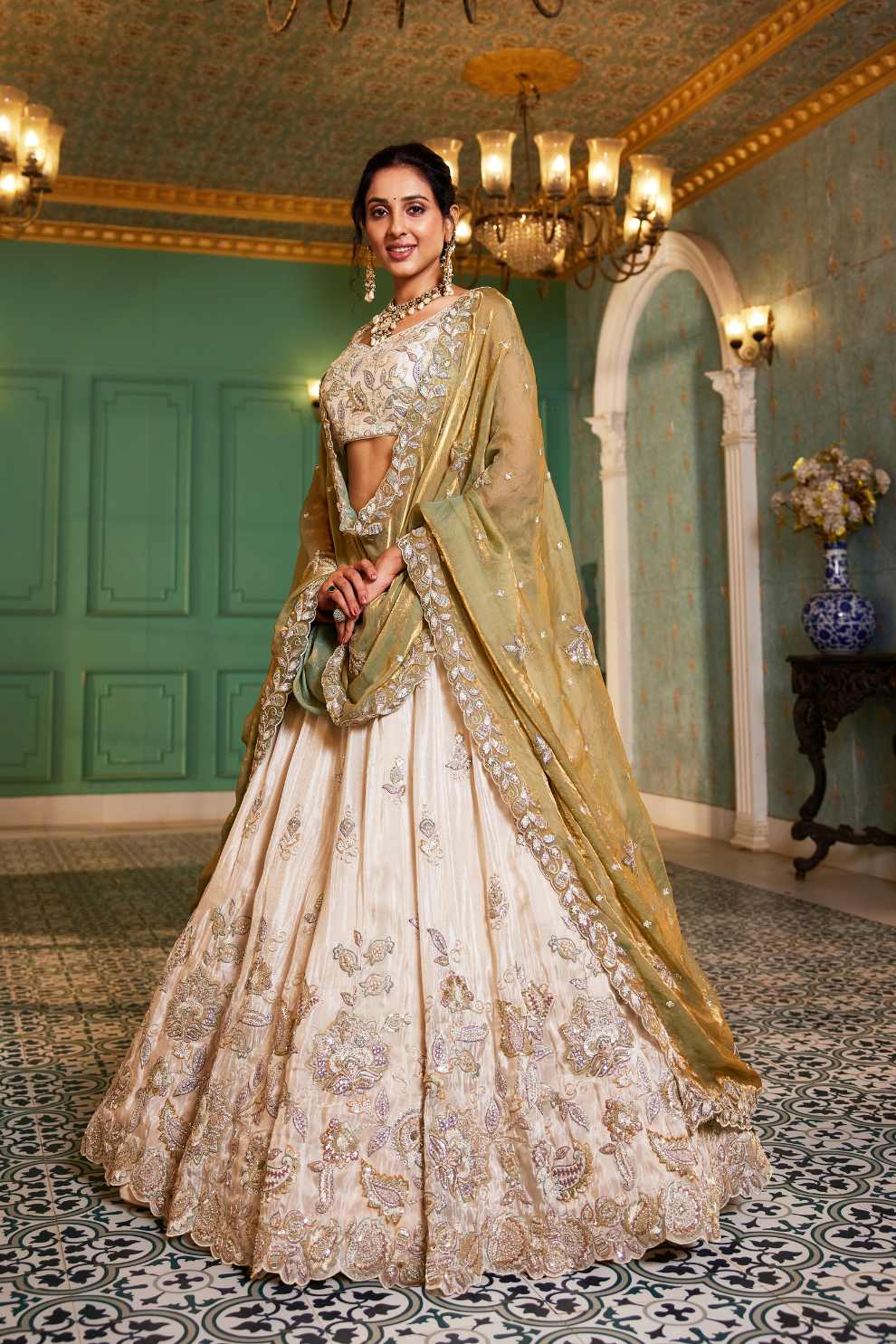 Elegant Tissue Lehenga Choli with Sequins and Thread Embroidery and Matching Dupatta