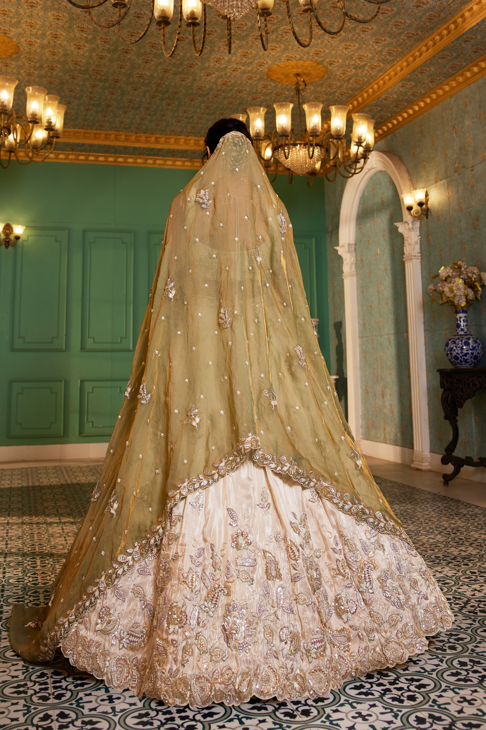 Elegant Tissue Lehenga Choli with Sequins and Thread Embroidery and Matching Dupatta