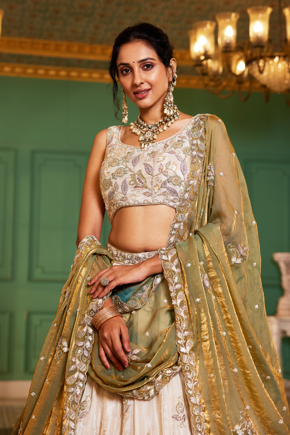 Elegant Tissue Lehenga Choli with Sequins and Thread Embroidery and Matching Dupatta