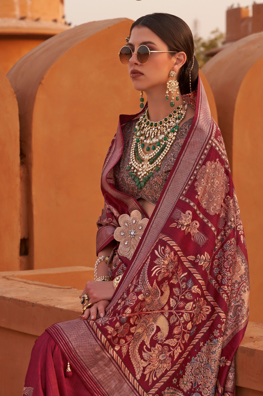Glossy Finish Saree in Viscose Polyester Silk Fabric Print