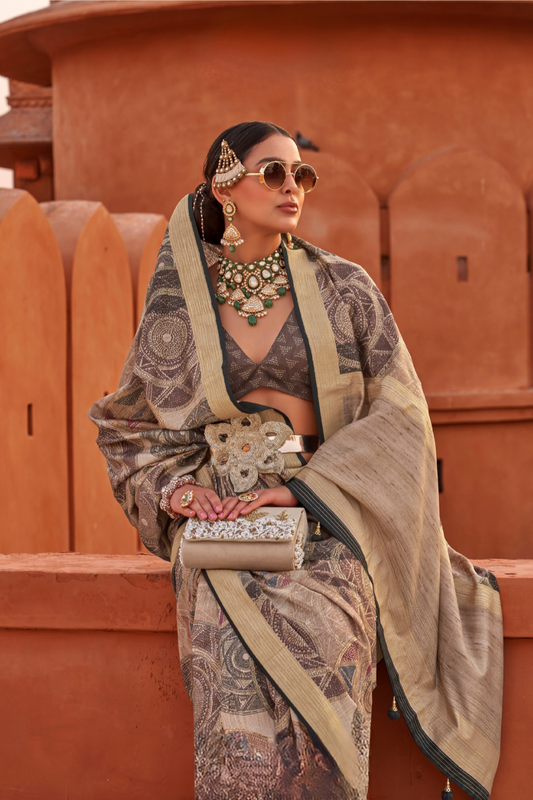Glossy Finish Saree in Viscose Polyester Silk Fabric Print