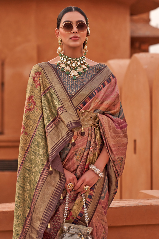 Glossy Finish Saree in Viscose Polyester Silk Fabric Print