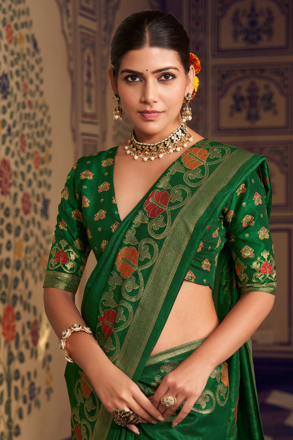 Luxurious Banarasi-Inspired Saree in Polyester Viscose Silk with Zari Embroidery