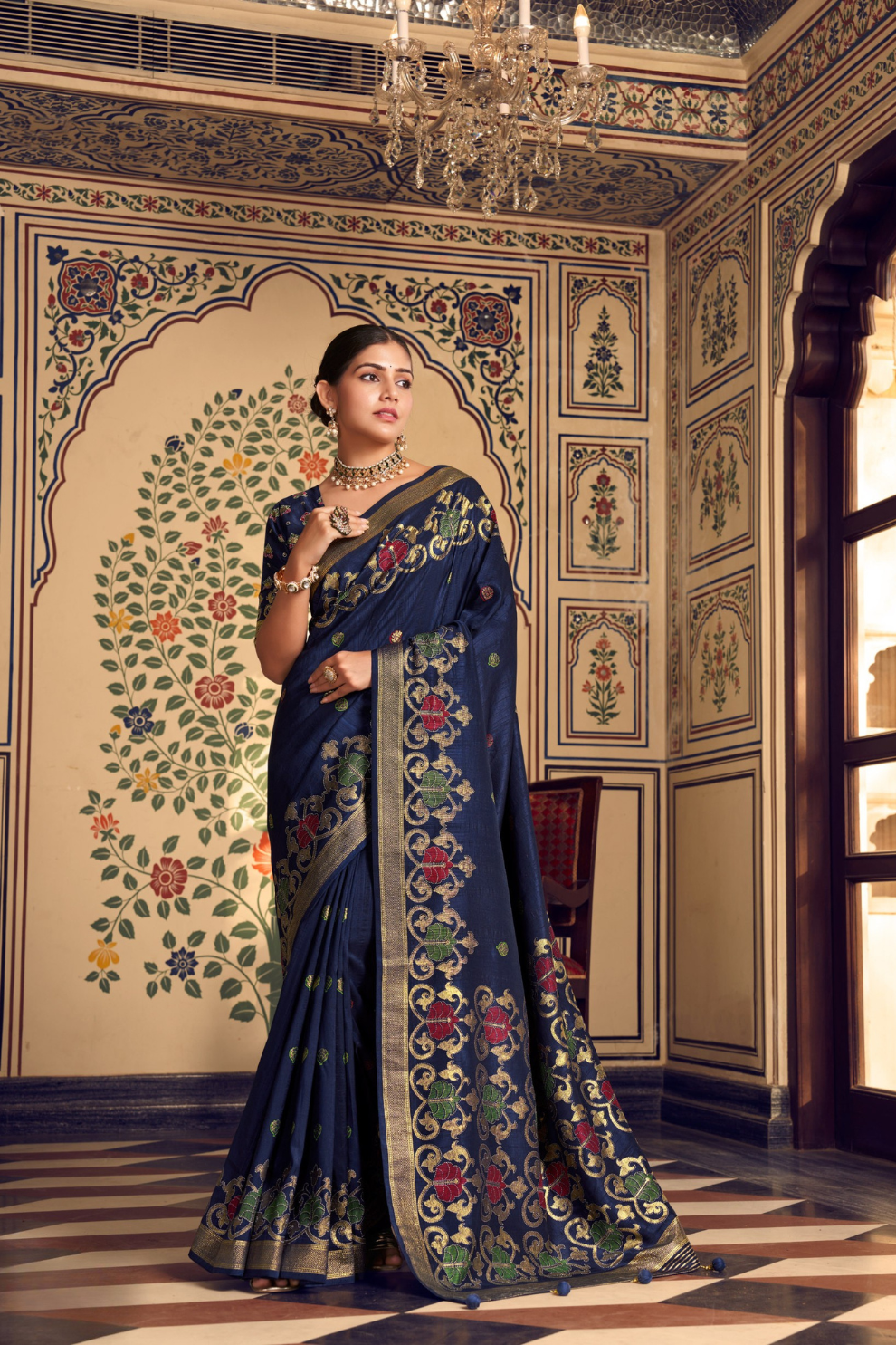 Luxurious Banarasi-Inspired Saree in Polyester Viscose Silk with Zari Embroidery