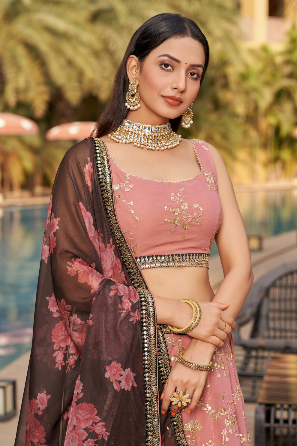 Elegant Digital Printed Ensemble with Sequins, Zari, Thread & Dori Embroidery
