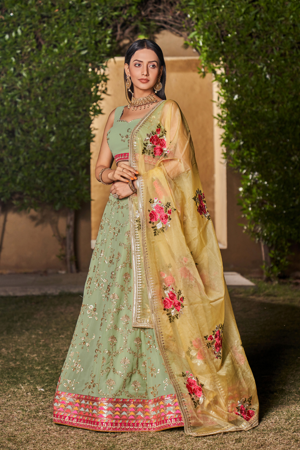 Elegant Digital Printed Ensemble with Sequins, Zari, Thread & Dori Embroidery