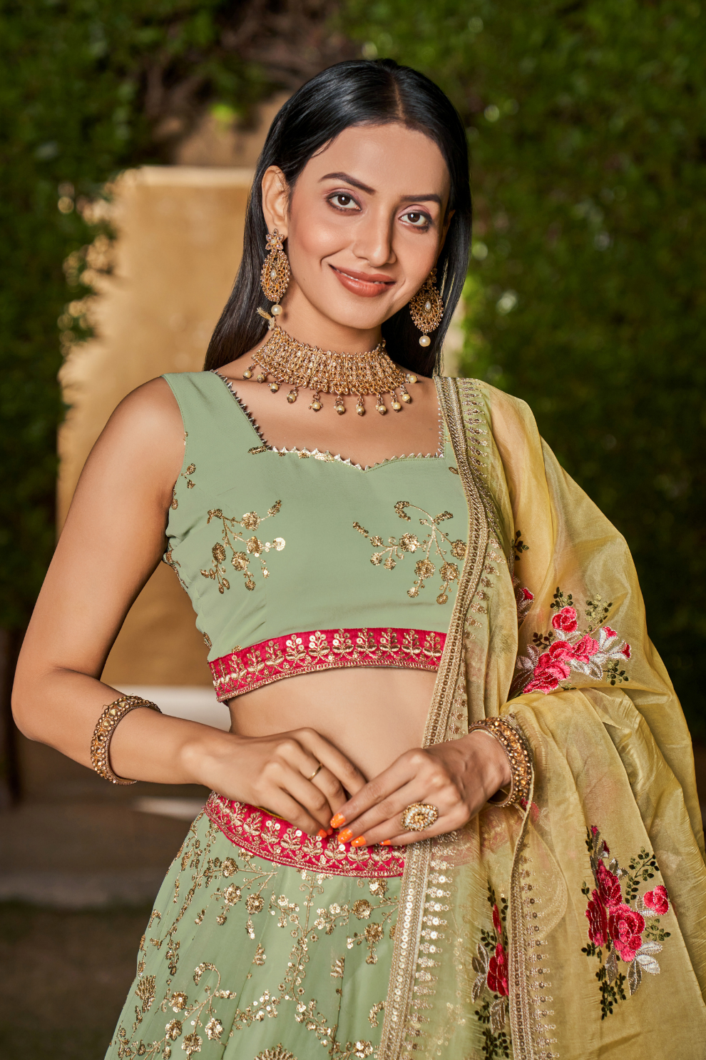 Elegant Digital Printed Ensemble with Sequins, Zari, Thread & Dori Embroidery