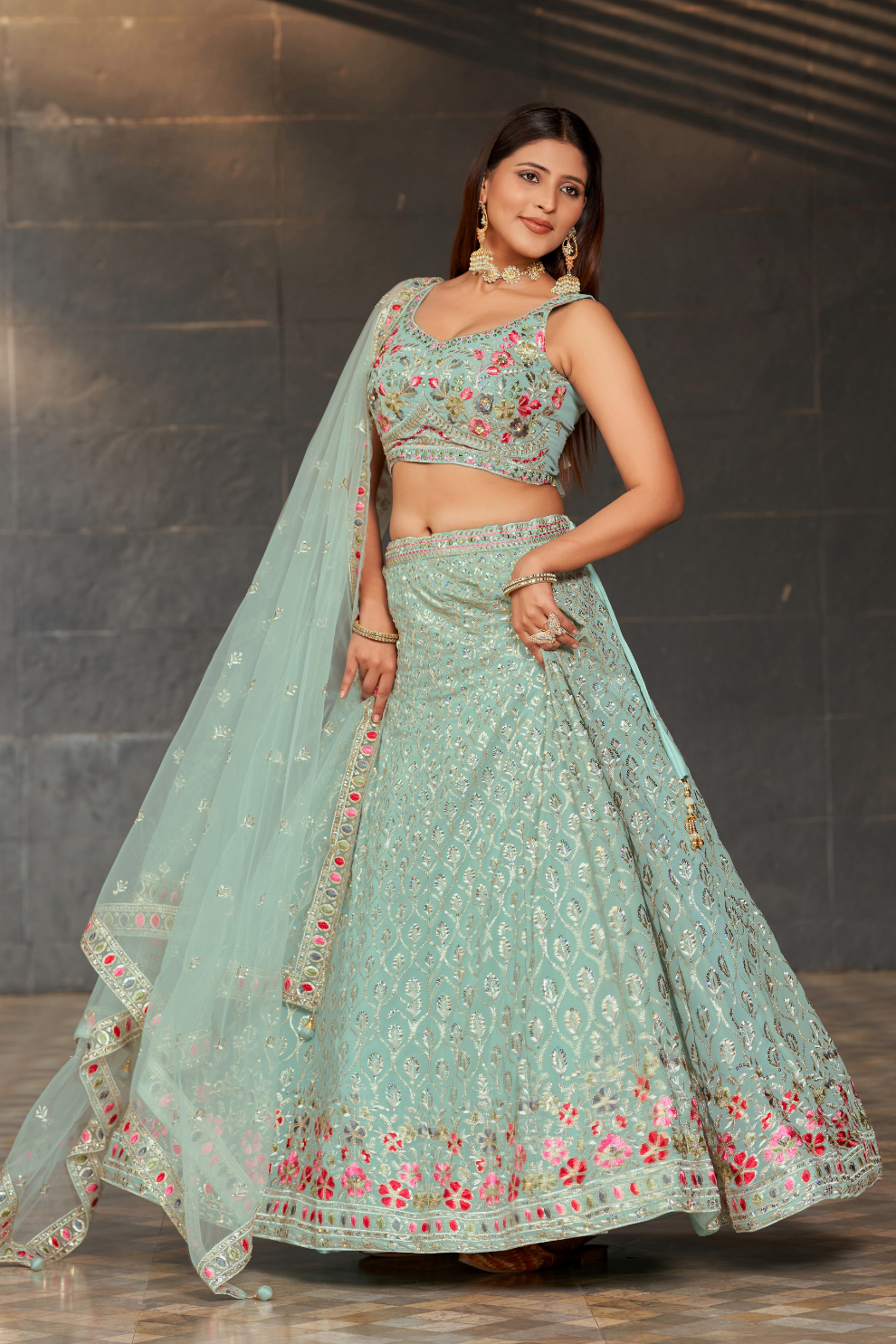 Elegant Digital Printed Ensemble with Sequins, Zari, Thread & Dori Embroidery