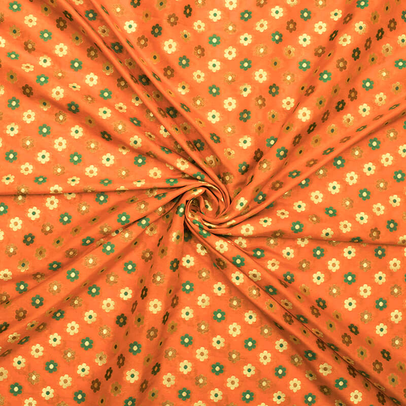 LaVante Fashion Orange And Green Floral Pattern Zari Jacquard Banarasi Taffeta Silk Fabric