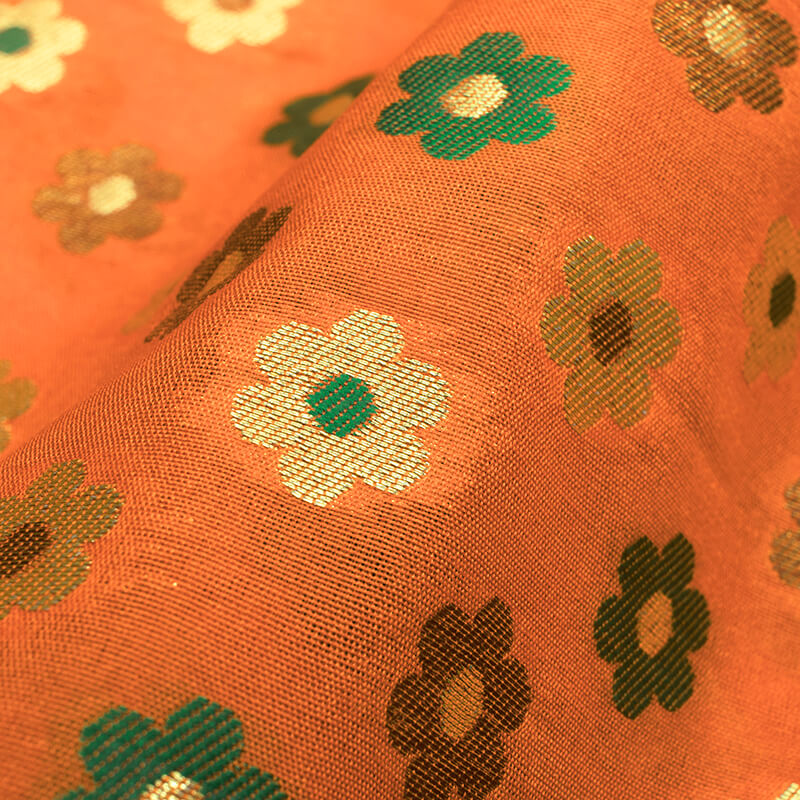 LaVante Fashion Orange And Green Floral Pattern Zari Jacquard Banarasi Taffeta Silk Fabric