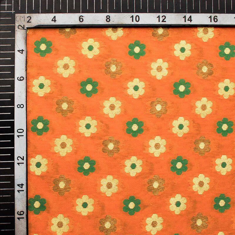 LaVante Fashion Orange And Green Floral Pattern Zari Jacquard Banarasi Taffeta Silk Fabric