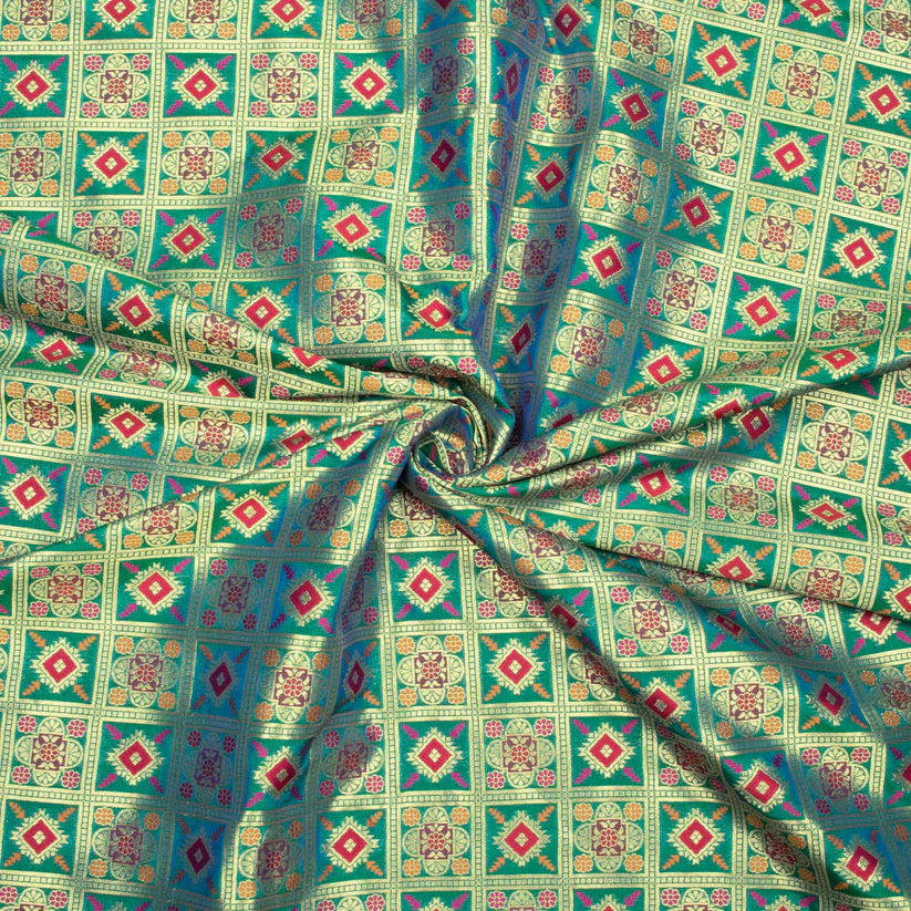 LaVante Fashion Peacock Green And Red Traditional Pattern Zari Jacquard Banarasi Taffeta Silk Fabric