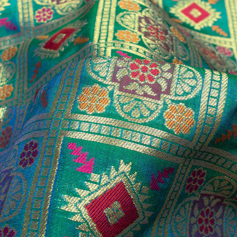 LaVante Fashion Peacock Green And Red Traditional Pattern Zari Jacquard Banarasi Taffeta Silk Fabric