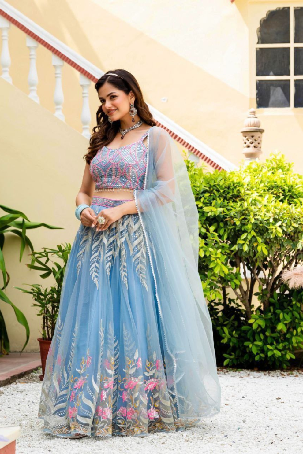 Premium Light Blue Lehenga Set with Elegant Net Dupatta