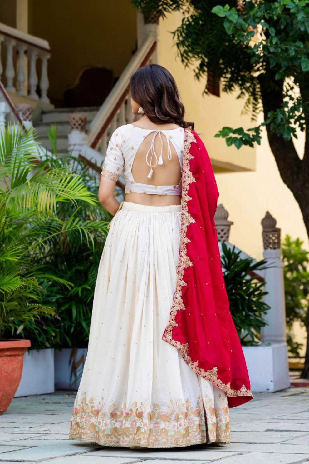 Traditional Ivory Lehenga Set with Intricate Embroidery & Red Dupatta