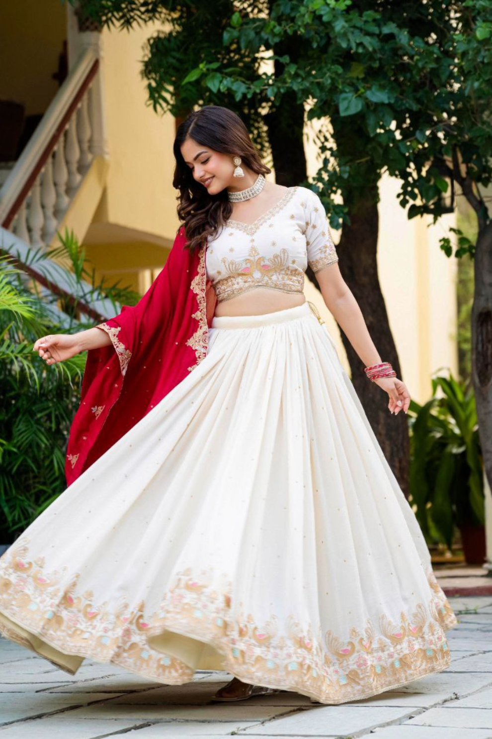 Traditional Ivory Lehenga Set with Intricate Embroidery & Red Dupatta