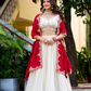 Traditional Ivory Lehenga Set with Intricate Embroidery & Red Dupatta