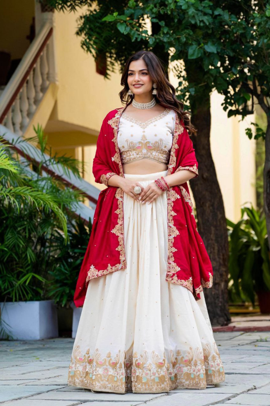 Traditional Ivory Lehenga Set with Intricate Embroidery & Red Dupatta