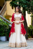 Traditional Ivory Lehenga Set with Intricate Embroidery & Red Dupatta