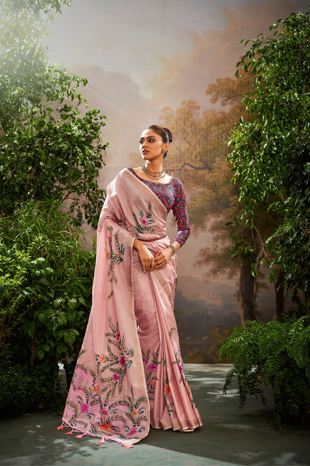 Soft Linen Tissue Silk Saree with Hand Brush Print & Kalamkari Blouse
