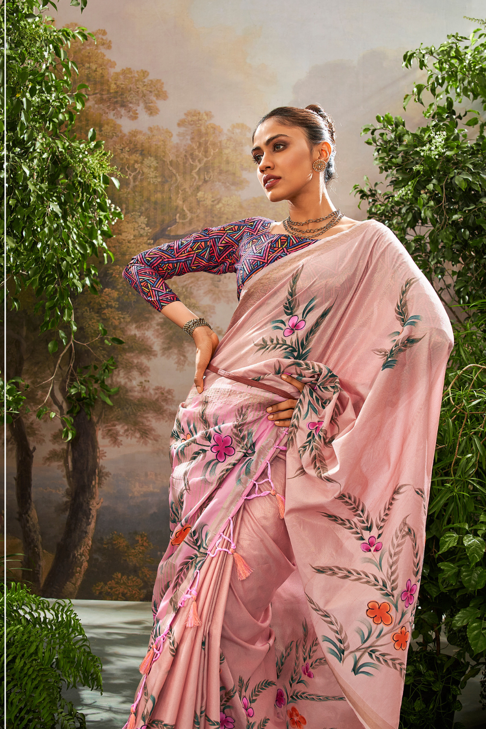 Soft Linen Tissue Silk Saree with Hand Brush Print & Kalamkari Blouse