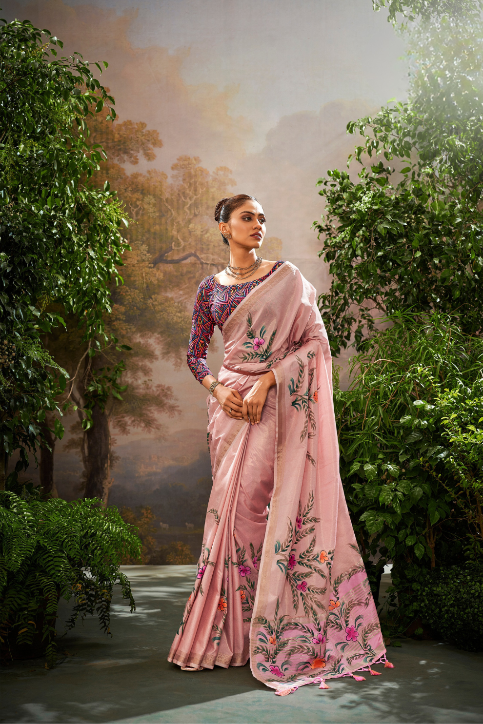 Soft Linen Tissue Silk Saree with Hand Brush Print & Kalamkari Blouse