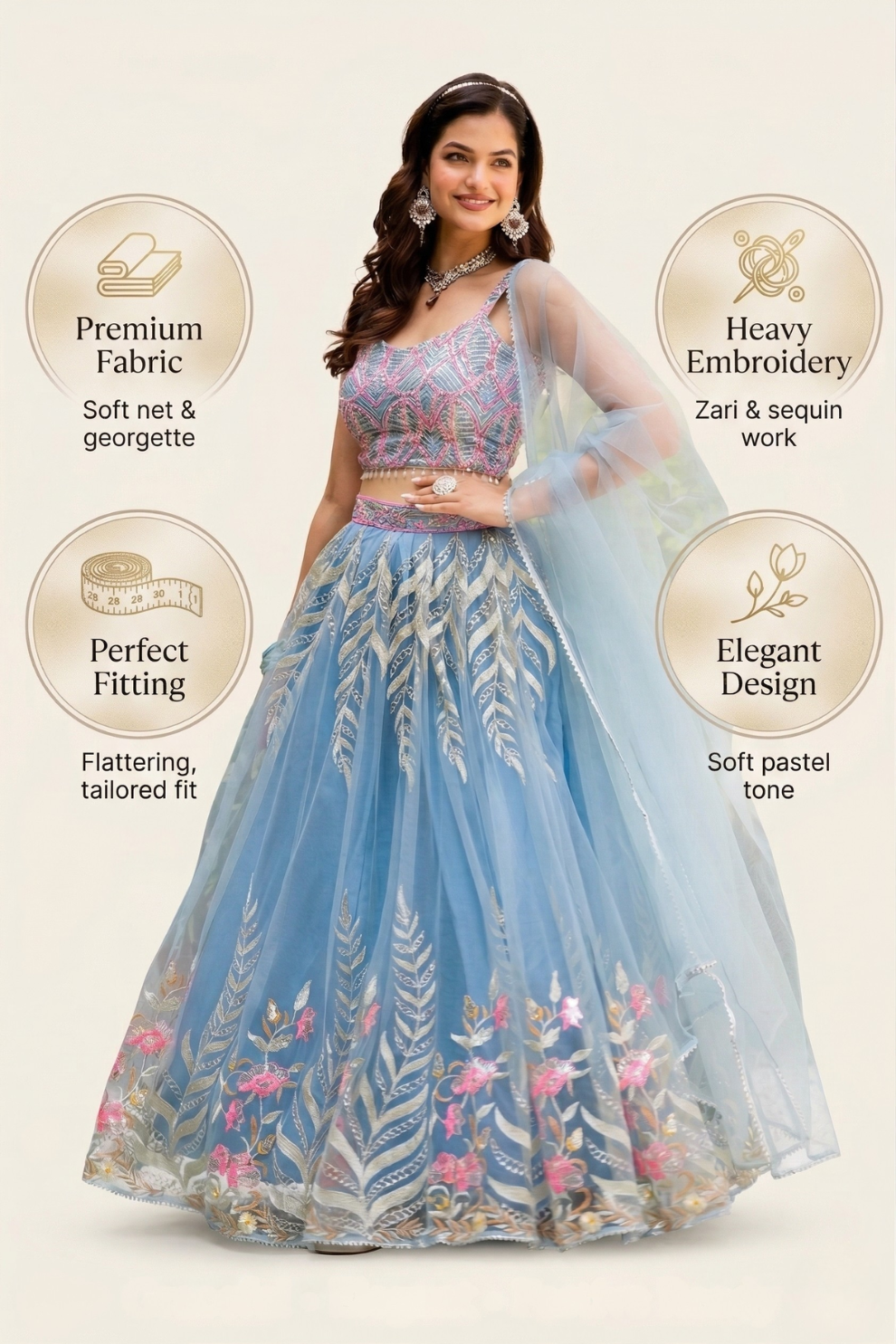 Premium Light Blue Lehenga Set with Elegant Net Dupatta