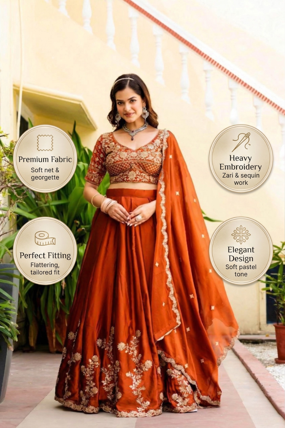 Semi-Stitched Rust Orange Embroidered Lehenga with Heavy Sequin embroidery
