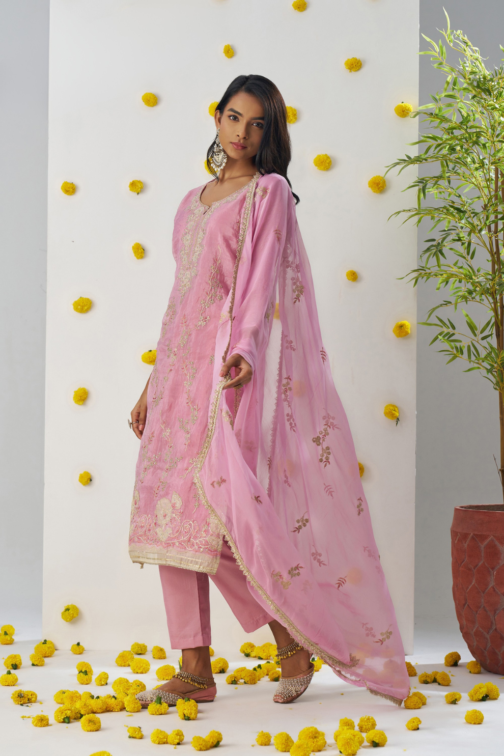 Pink Thread Embroidered Organza Silk Pant Suit for Parties