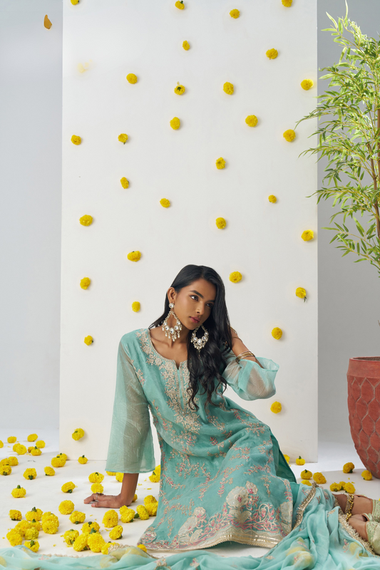 Firozi Crush Embroidered Salwar Kameez for Ceremonial Wear