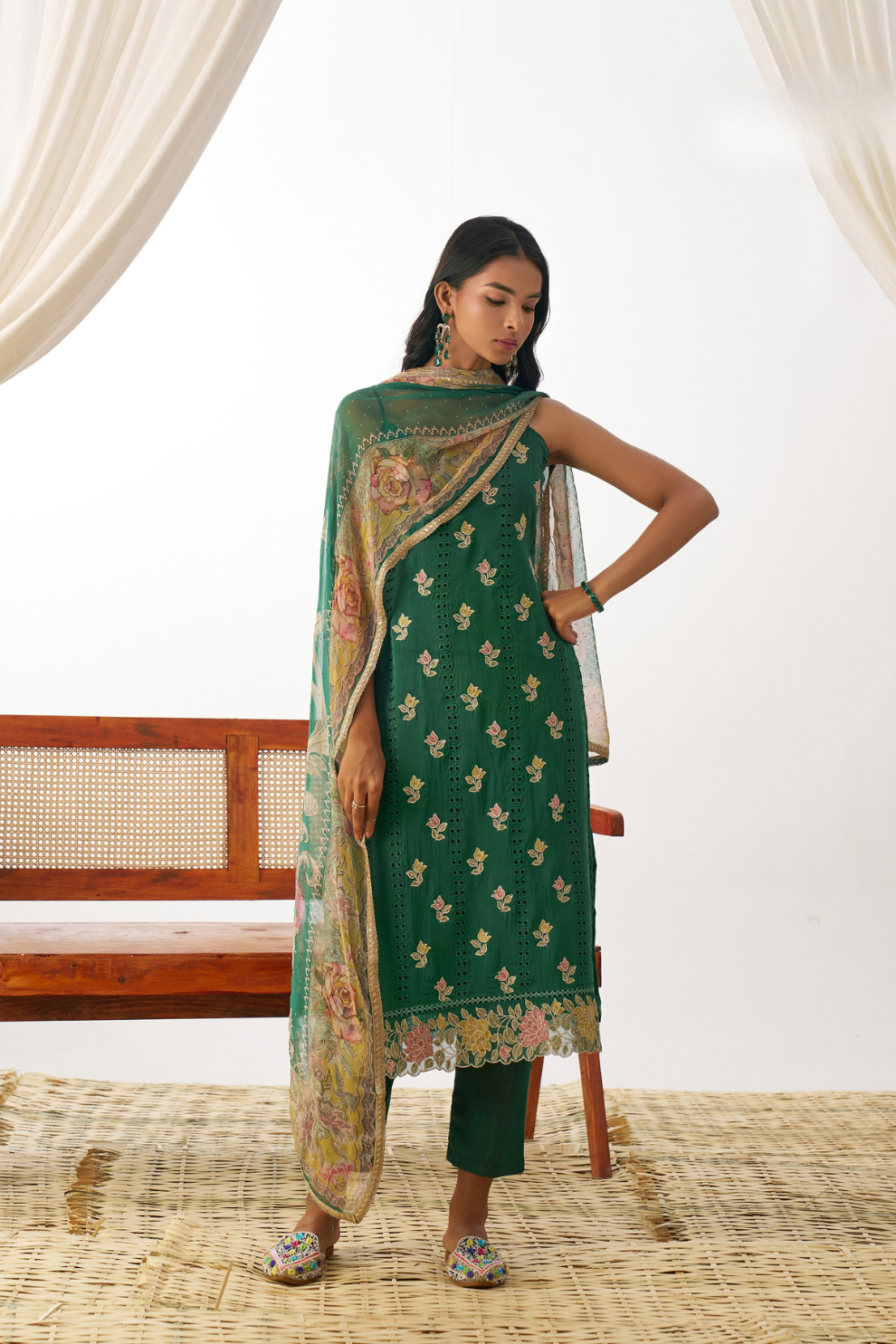 Green Organza Embroidered Kurta-Style Salwar Suit