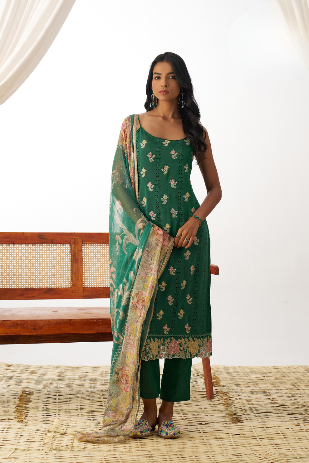 Green Organza Embroidered Kurta-Style Salwar Suit