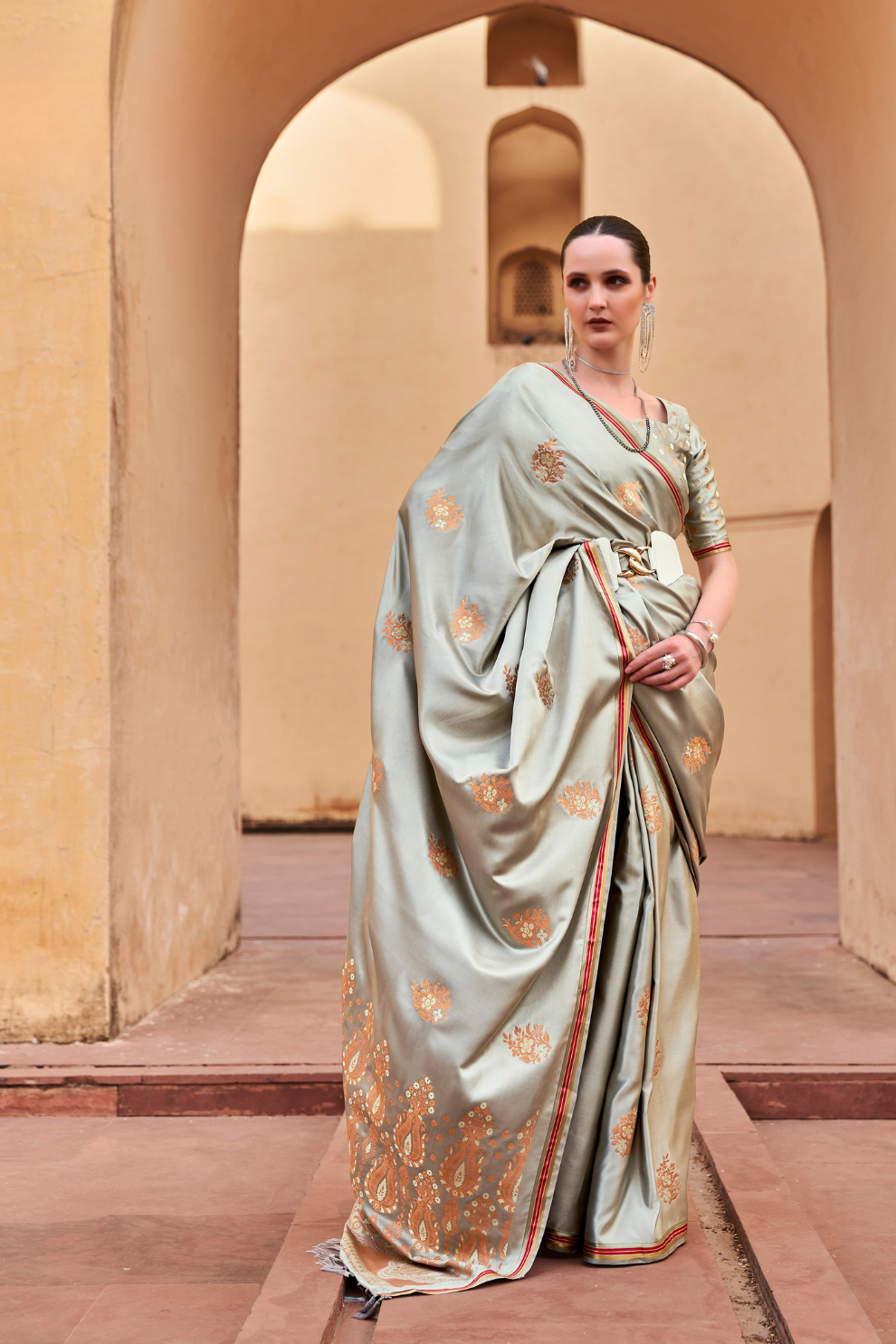 Pure Satin Saree with Elegant Copper Zari Weaving - LaVante Fashion