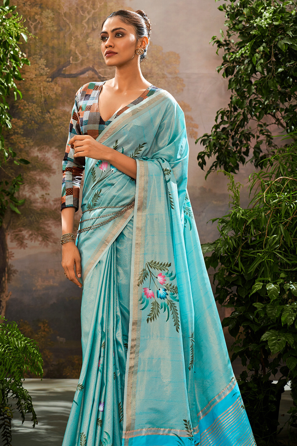Soft Linen Tissue Silk Saree with Hand Brush Print & Kalamkari Blouse